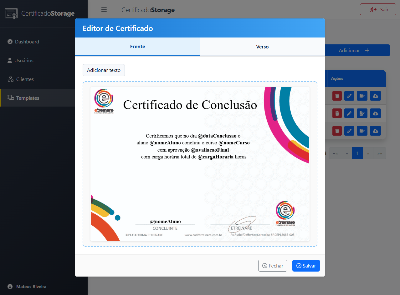 Notebook exibindo o painel do Certificado Storage